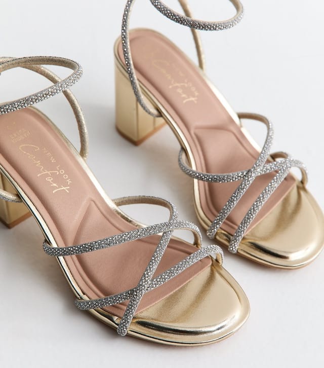 New Look Women's Wide Fit Gold Diamanté Strap Block Heel Sandals Vegan New Look - 3