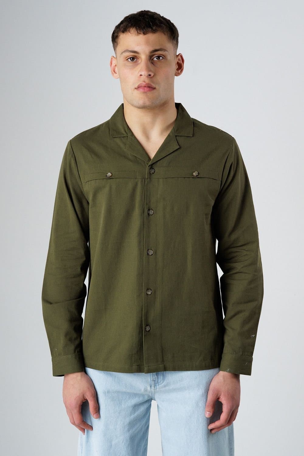Influence Influence Men's Cotton Utilitarian-Style Revere Collar Long Sleeve Button Shirt in Khaki