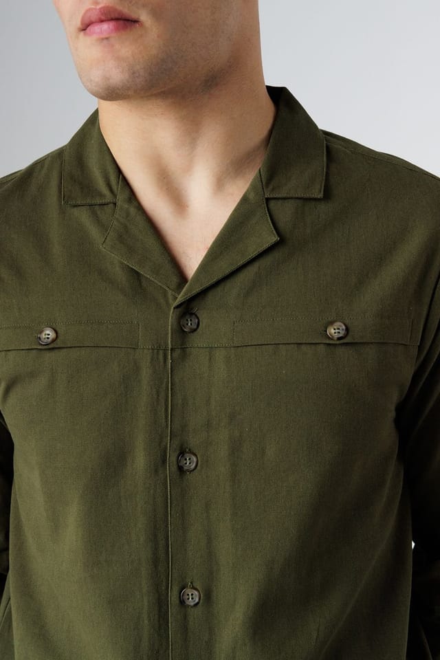 Influence Influence Men's Cotton Utilitarian-Style Revere Collar Long Sleeve Button Shirt in Khaki - 3