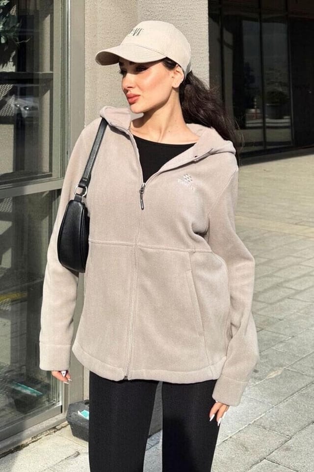 Tommy Life Tommy Life Women's Plush Zip-front Hooded Sweatshirt in Beige - 3