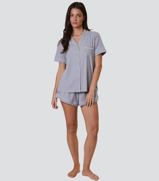 Loungeable Women's Grey Ribbed Shirt and Shorts Pyjama Set Loungeable New Look - 2