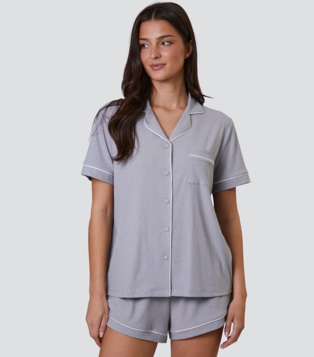 Loungeable Women's Grey Ribbed Shirt and Shorts Pyjama Set Loungeable New Look - 3