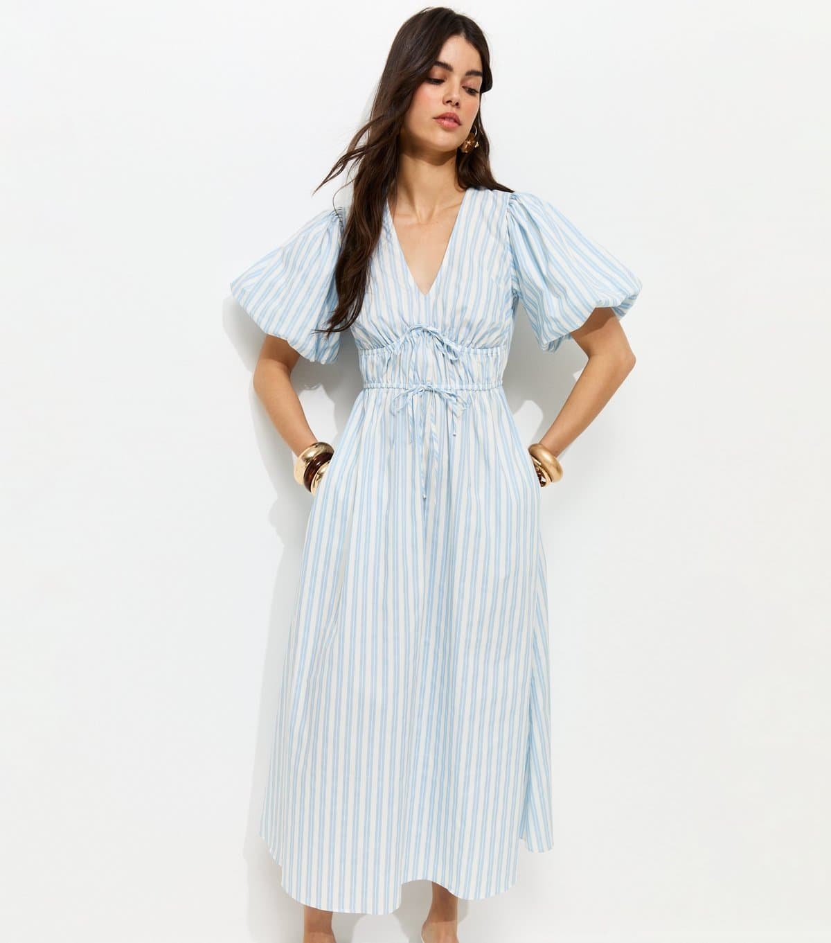 New Look Women's Blue Striped Puff Sleeve Midi Dress New Look