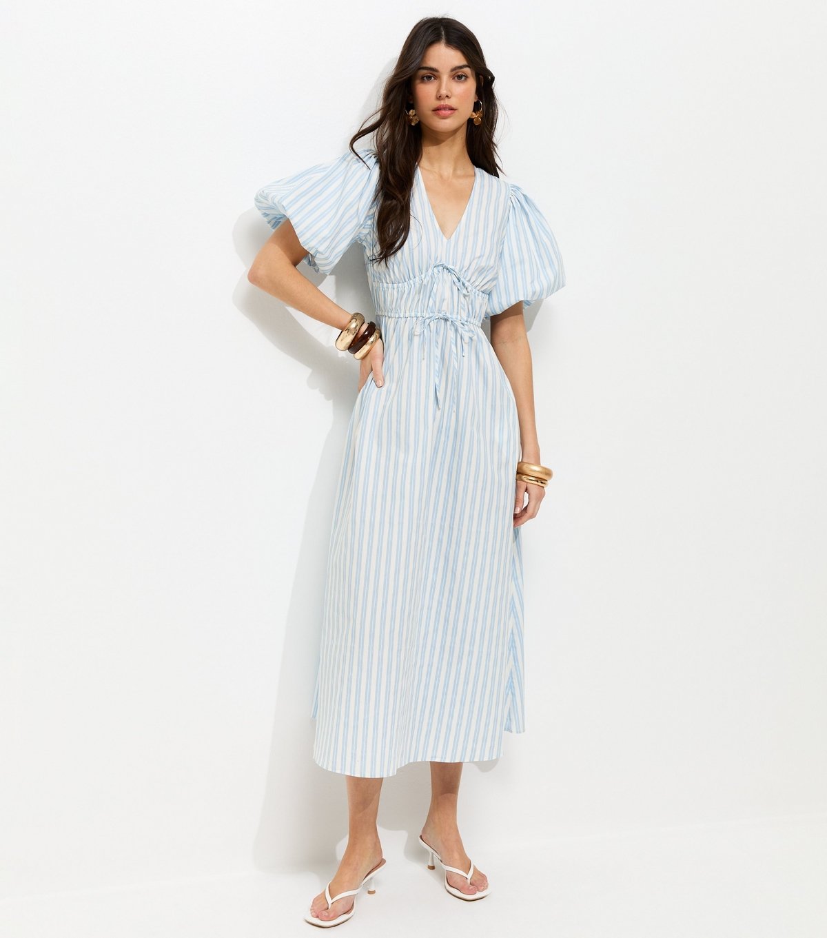 New Look Women's Blue Striped Puff Sleeve Midi Dress New Look - 3