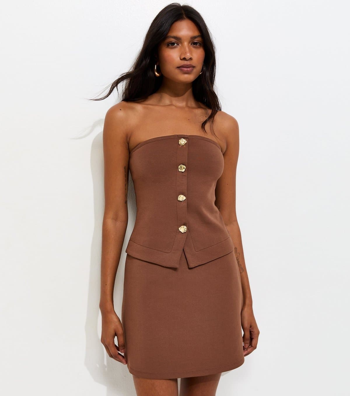 New Look Women's Dark Brown Cotton Rich Button Detail Strapless Bandeau Top New Look