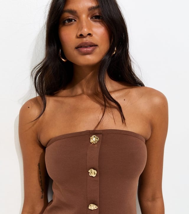 New Look Women's Dark Brown Cotton Rich Button Detail Strapless Bandeau Top New Look - 3