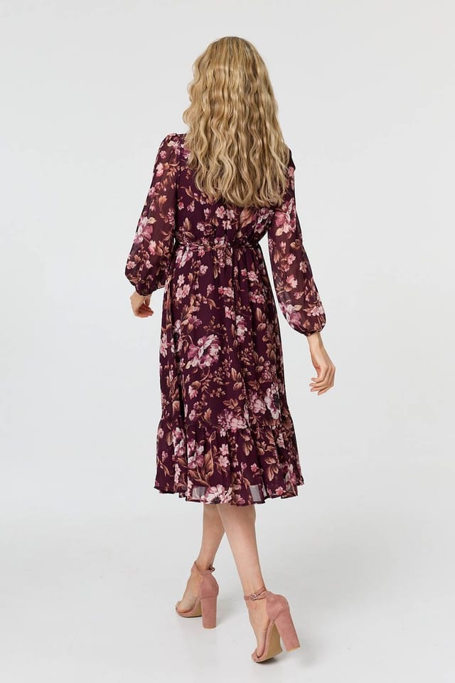 Izabel London Izabel London Women's Floral Semi Sheer Mesh Layer Midi Dress in Red - 3