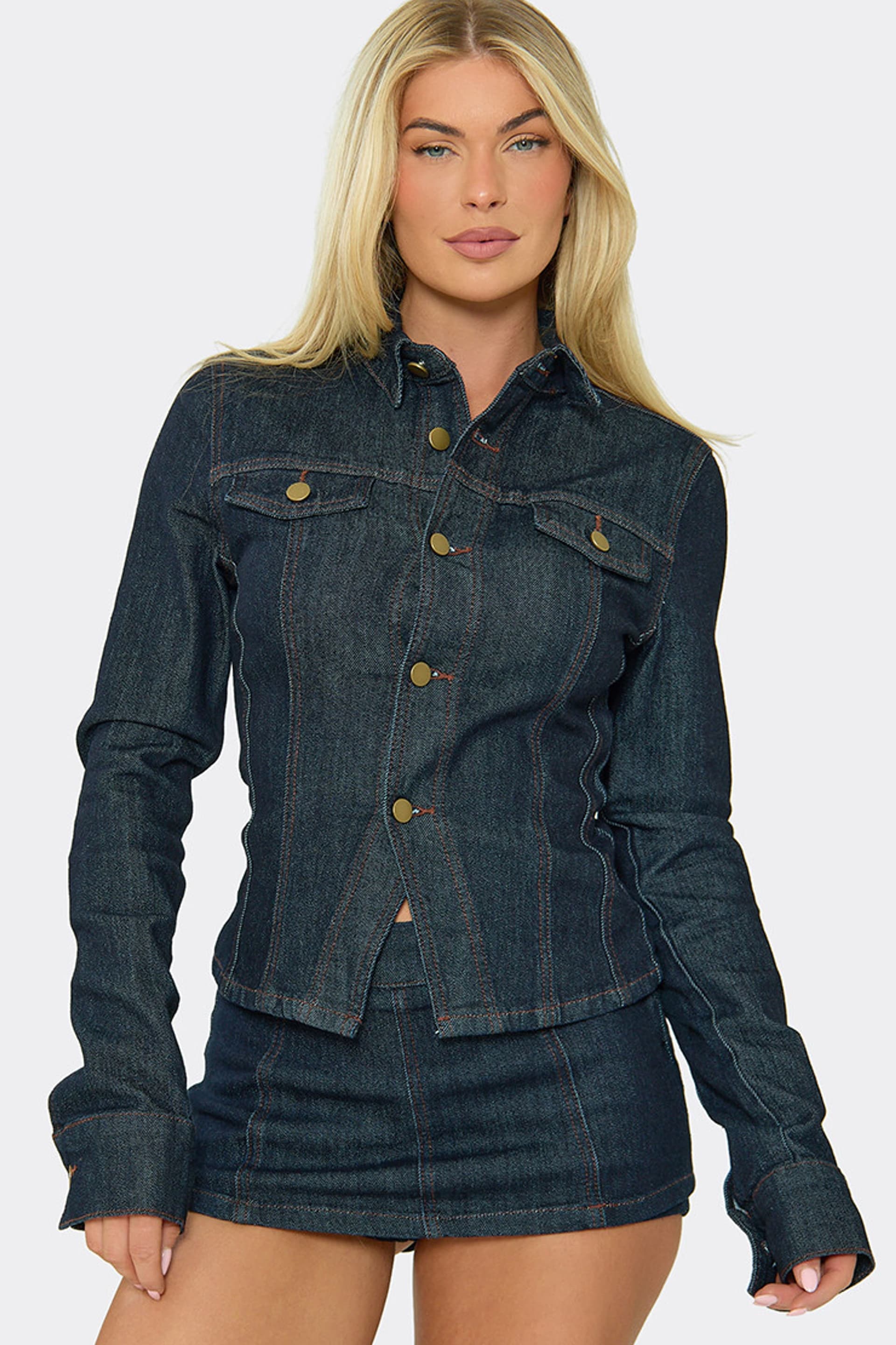 EGO EGO Women's Long Sleeve Button Up Split Hem Denim Jacket in Dark Blue