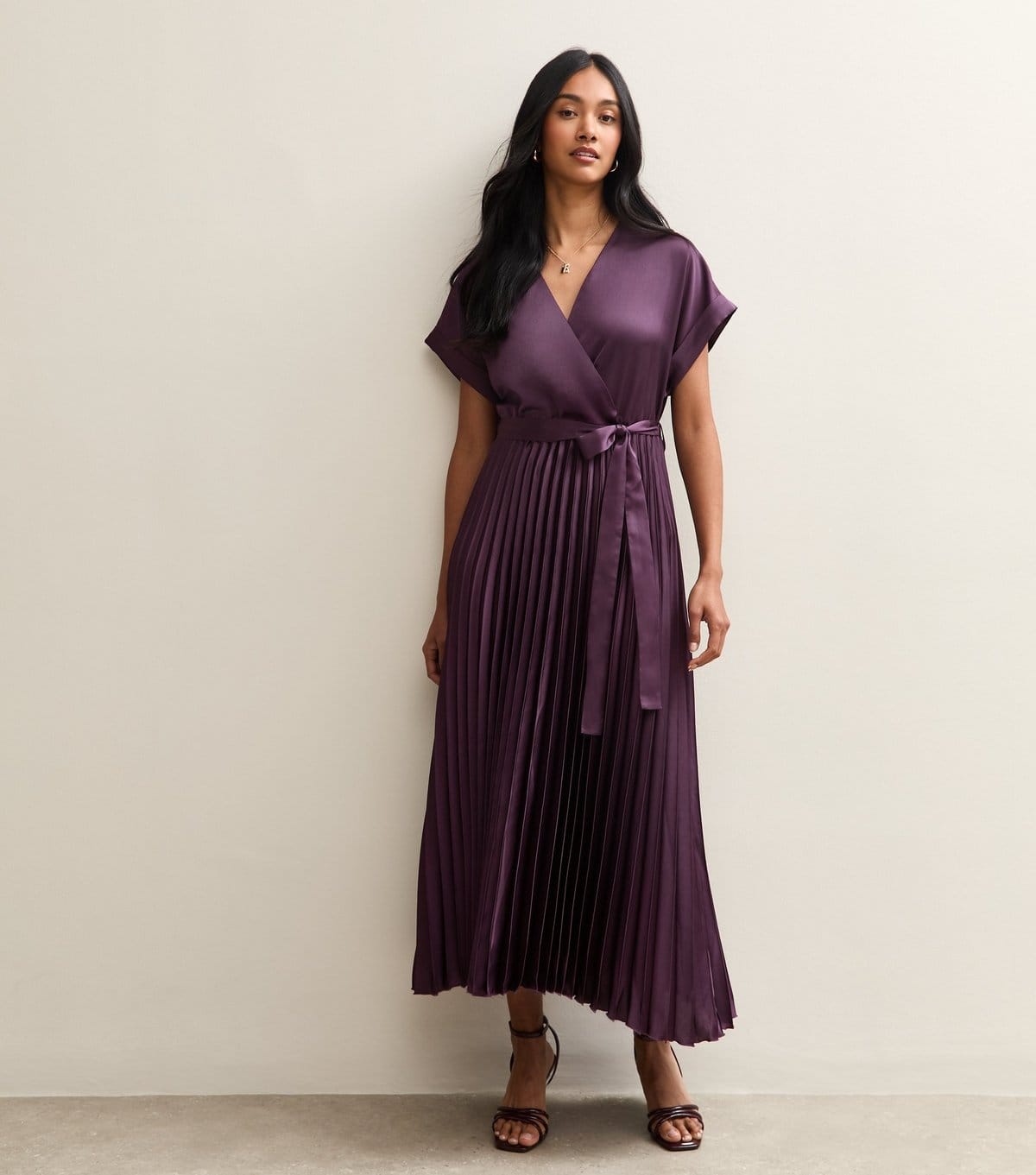New Look Dark Burgundy Satin Pleated Wrap Midi Dress
