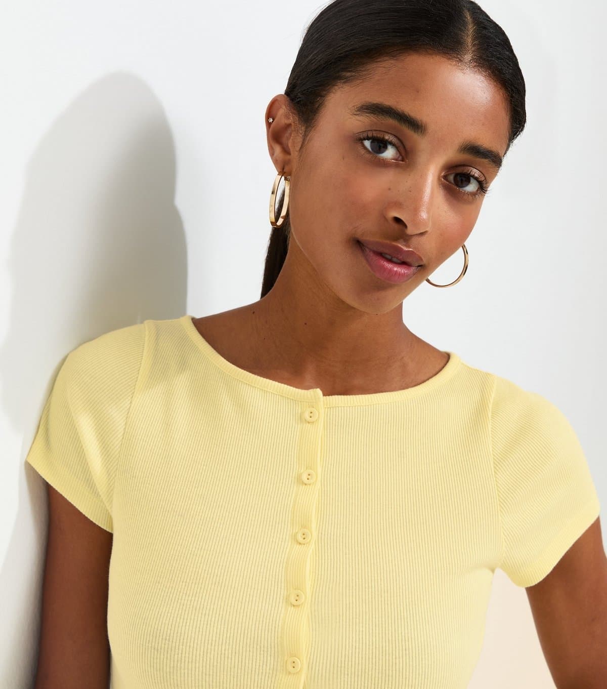 New Look Women's Light Yellow Cotton Rich Button Through Baby Tee T-Shirt New Look