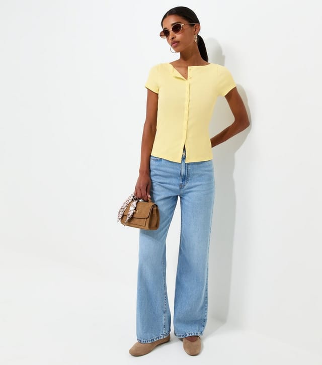 New Look Women's Light Yellow Cotton Rich Button Through Baby Tee T-Shirt New Look - 2