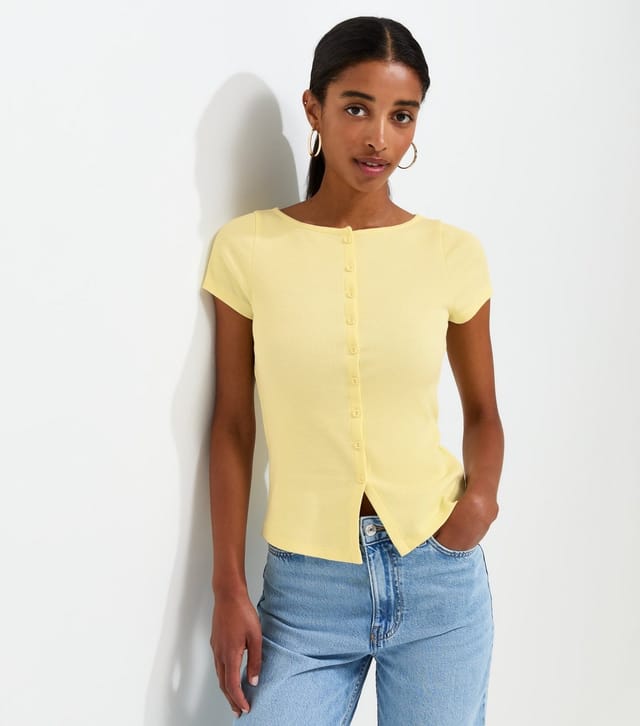 New Look Women's Light Yellow Cotton Rich Button Through Baby Tee T-Shirt New Look - 3