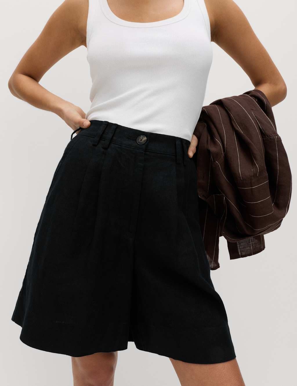 Marks & Spencer M&S Pure Linen High Waisted Shorts Black