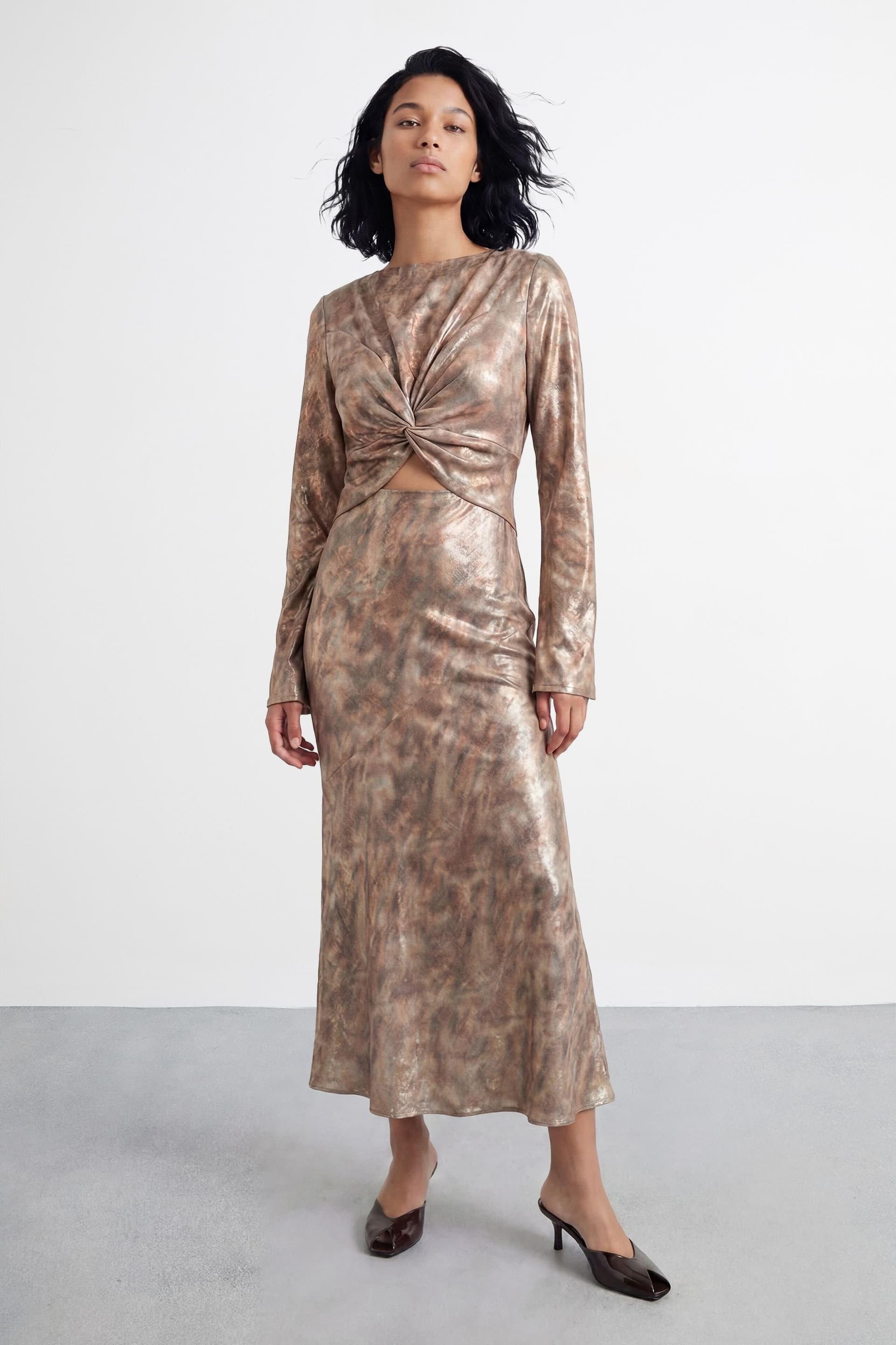 Warehouse Warehouse Women's Metallic Twist Front Cut Out Bias Cut Midi Dress in Brown