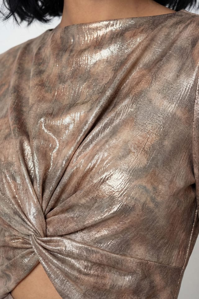 Warehouse Warehouse Women's Metallic Twist Front Cut Out Bias Cut Midi Dress in Brown - 2