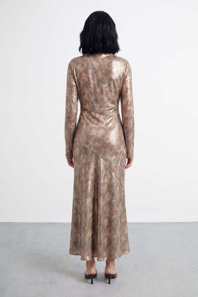 Warehouse Warehouse Women's Metallic Twist Front Cut Out Bias Cut Midi Dress in Brown - 3