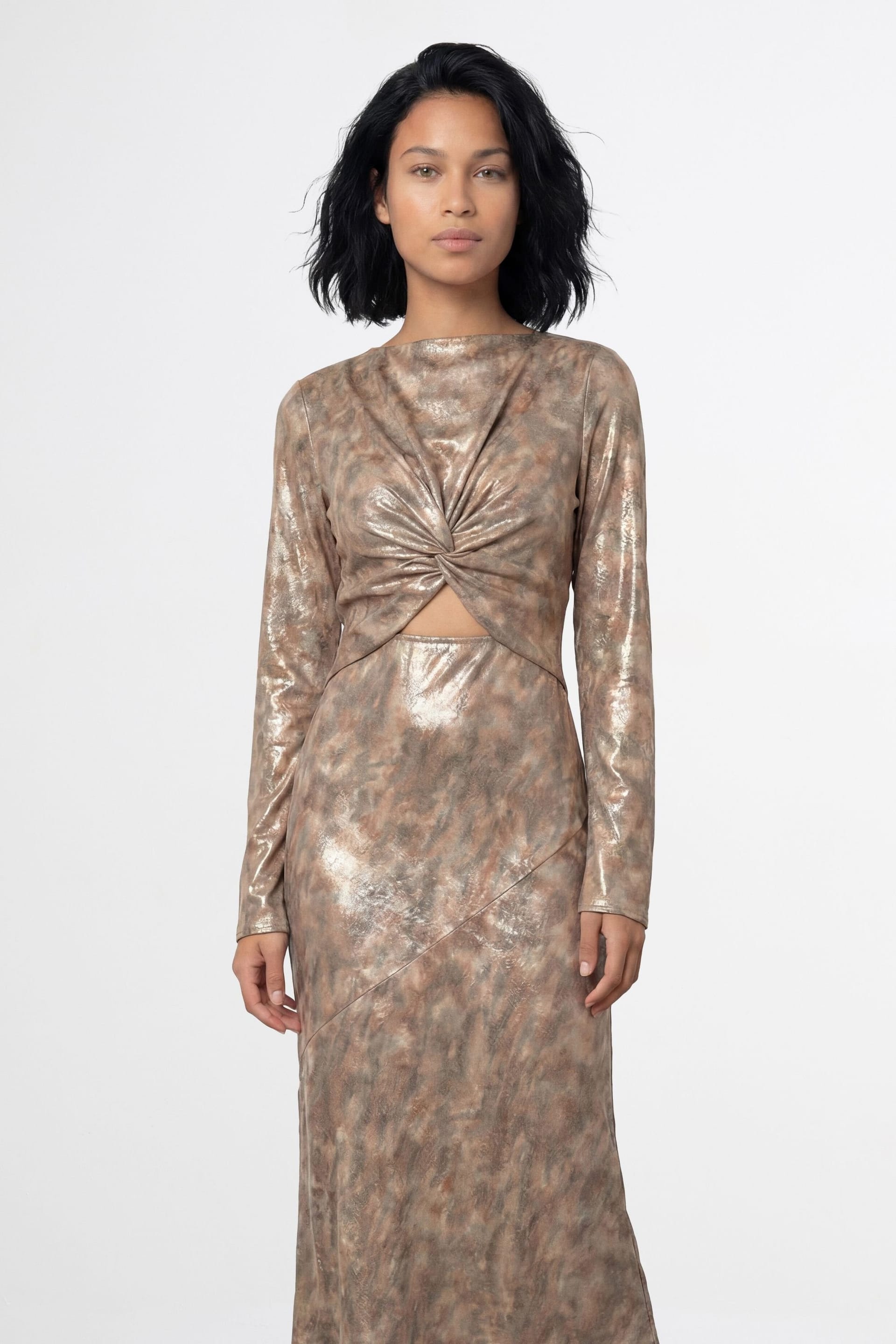 Warehouse Warehouse Women's Metallic Twist Front Cut Out Bias Cut Midi Dress in Brown - 4