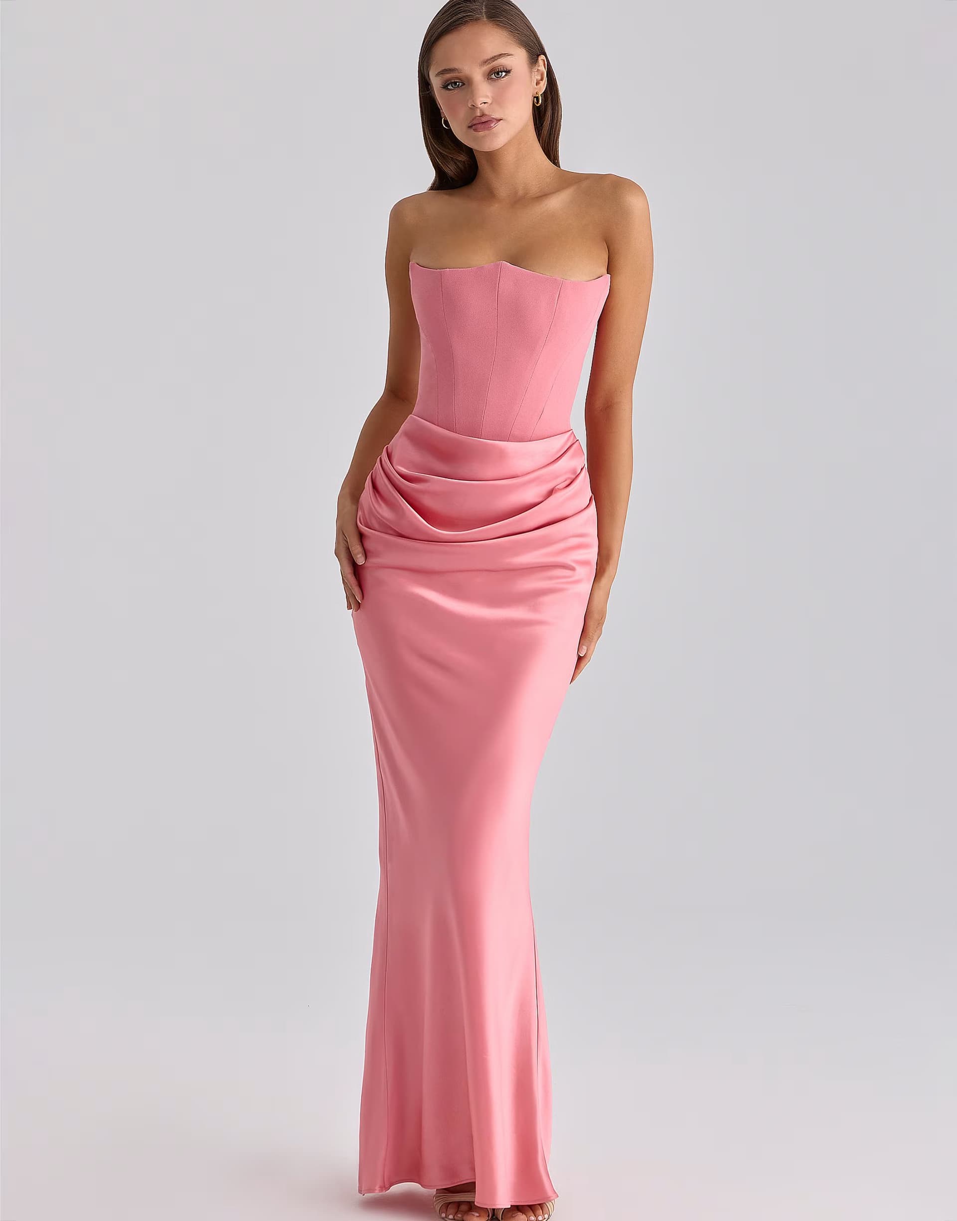 ASOS House of CB Persephone raspberry satin + crepe strapless corset maxi dress in raspberry