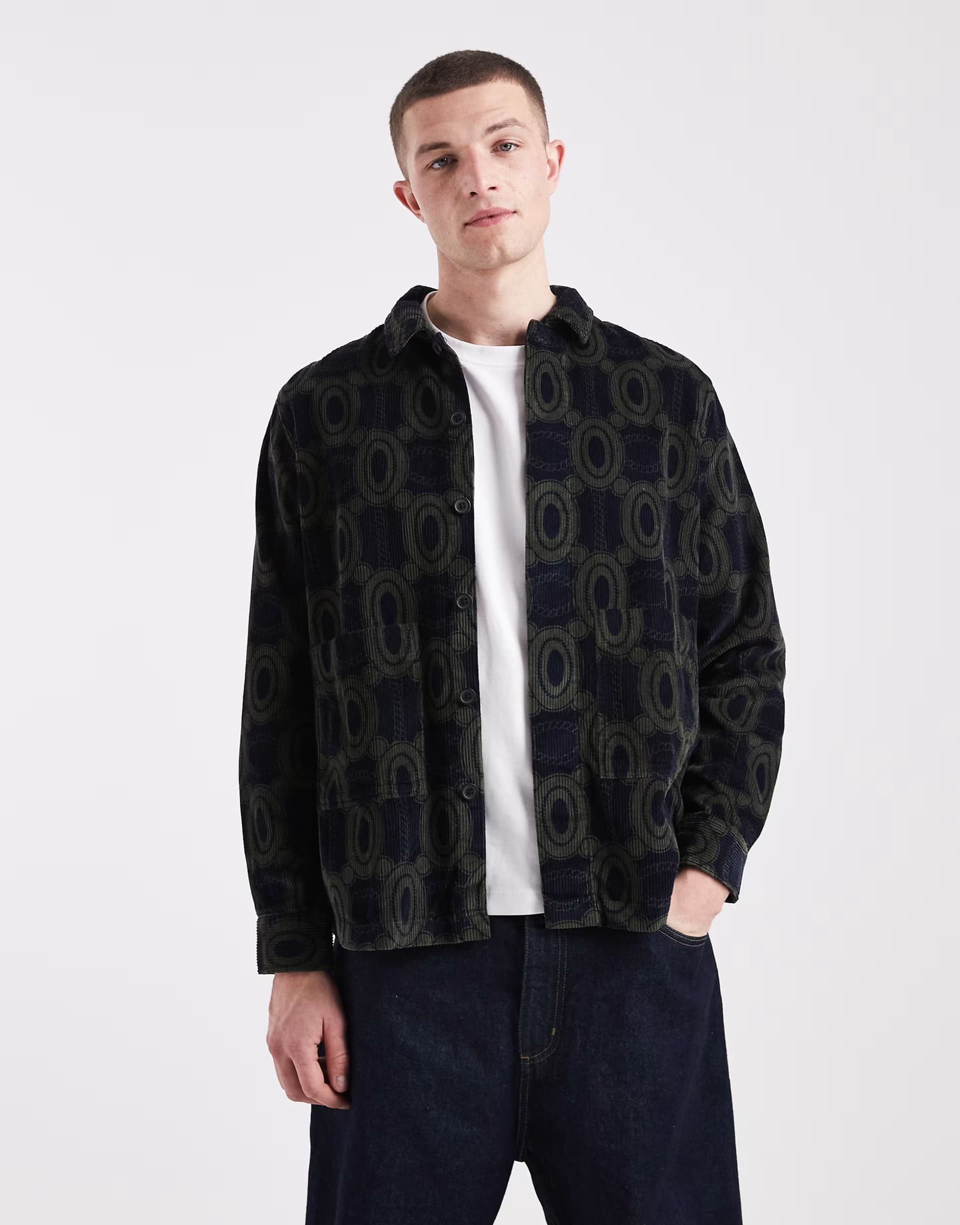 ASOS Farah stanley printed longsleeve corduroy shirt in navy