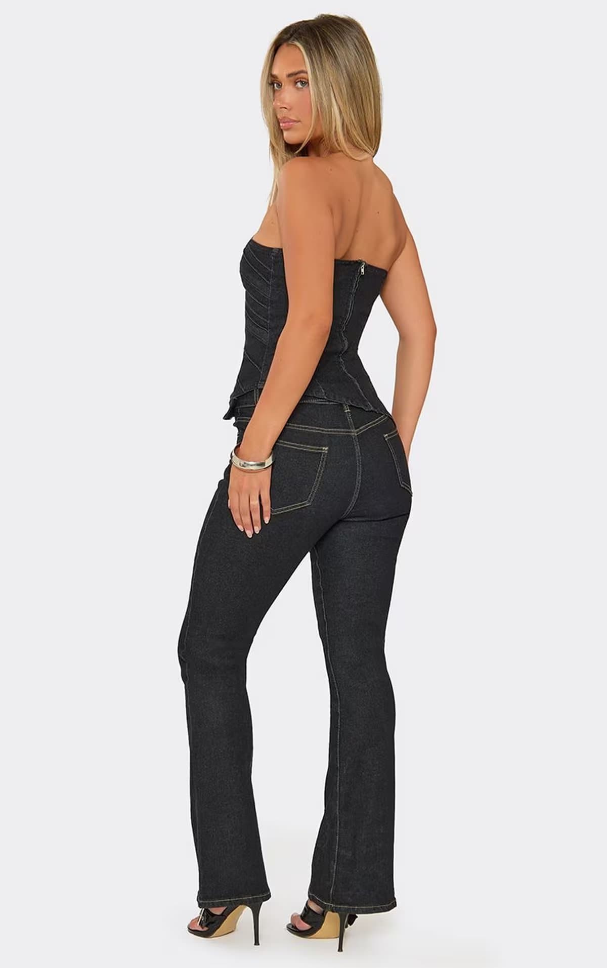 EGO Mid Rise Eyelet Belt Detail Flared Leg Jeans In Black Denim, Women's Size UK 6
