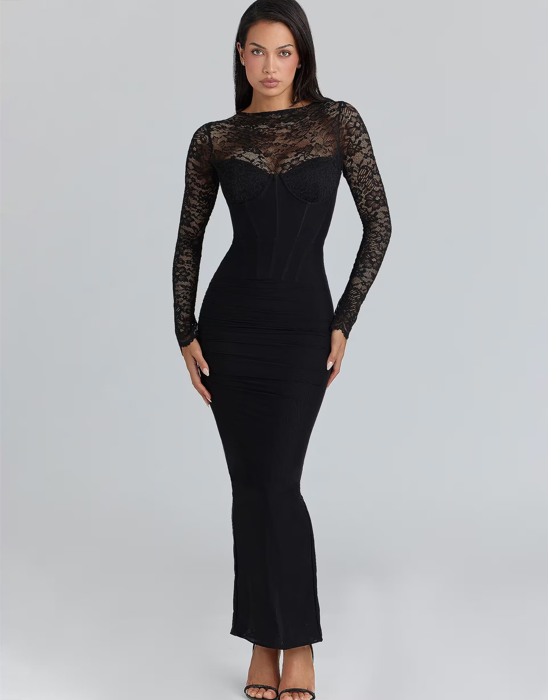 ASOS House of CB Shiloh black lace long sleeved corset maxi dress in black