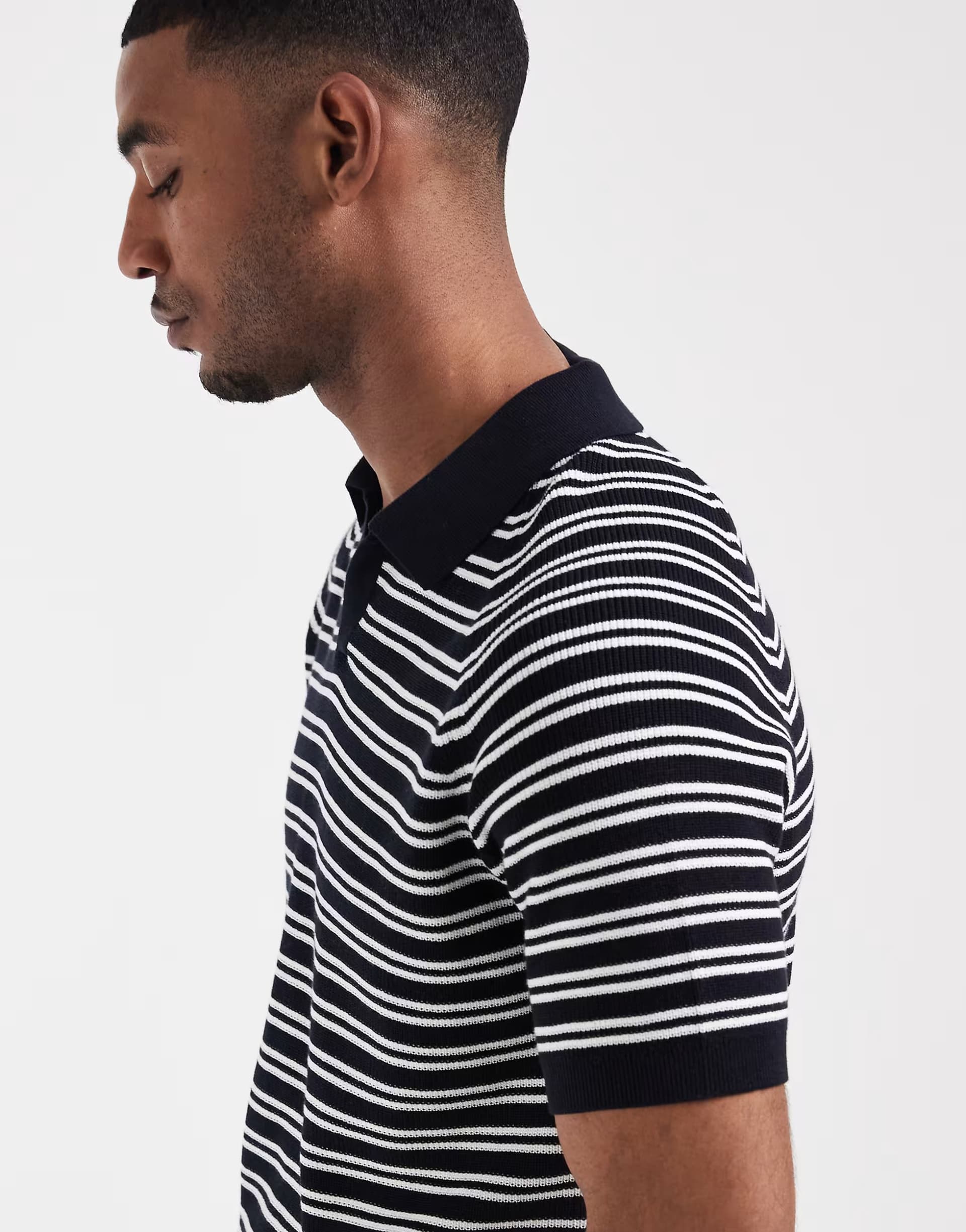 ASOS Mango knitted revere collar polo top in navy stripe