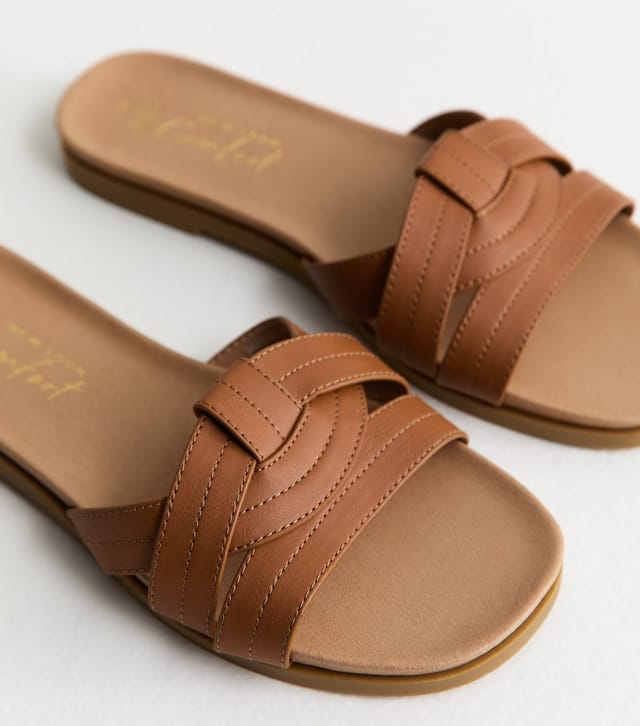 New Look Women's Extra Wide Fit Tan Interwoven Strap Faux Leather Mules Vegan New Look - 3