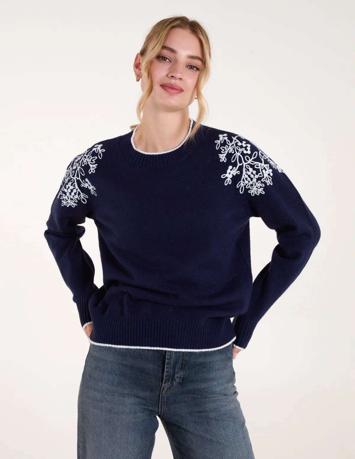 Blue Vanilla Blue Vanilla Navy/Ivory Detailed Embroidery Shoulder Jumper