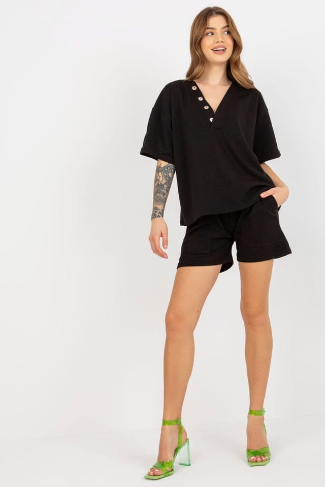Love Lace Love Lace Women's Heart Neck Short Sleeve Blouse Shorts Set in Black - 2