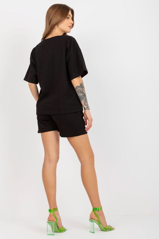 Love Lace Love Lace Women's Heart Neck Short Sleeve Blouse Shorts Set in Black - 3
