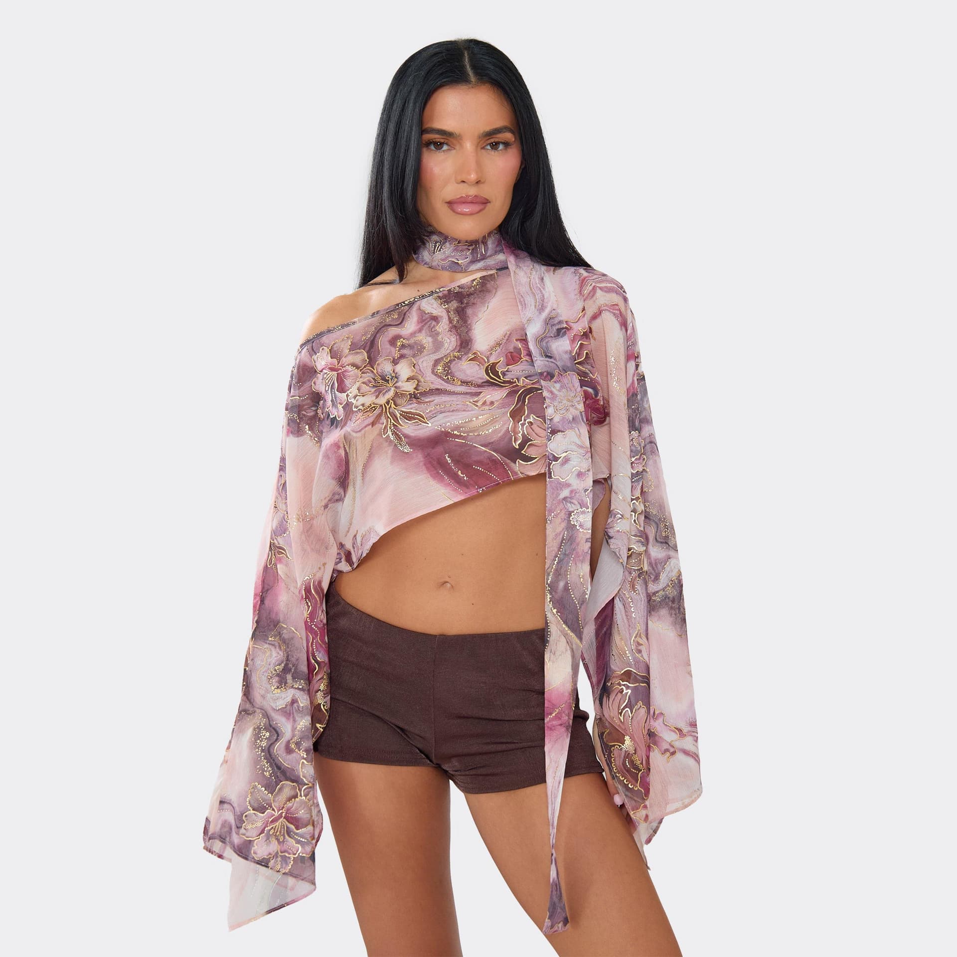 EGO Long Flared Sleeve Cape Top With Scarf In Multi Sequin Print, Women's Size UK 6