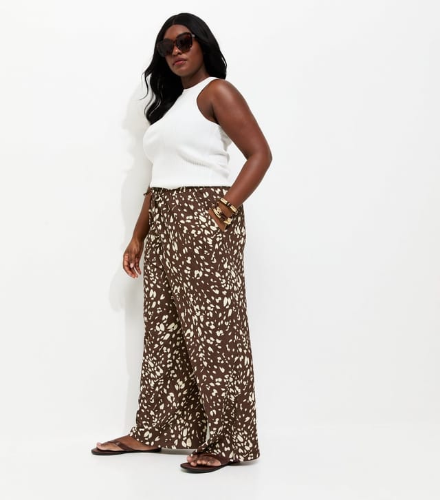 New Look Women's Plus Size Brown Animal Print Crinkled Wide Leg Trousers Curves New Look - 3