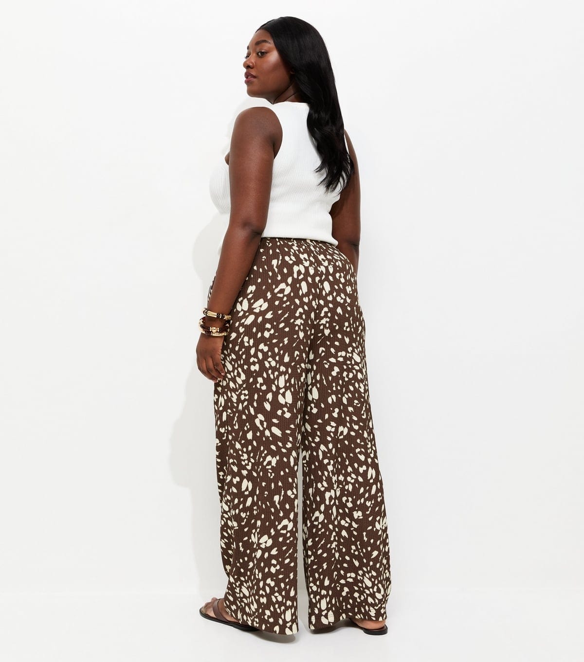 New Look Women's Plus Size Brown Animal Print Crinkled Wide Leg Trousers Curves New Look - 4