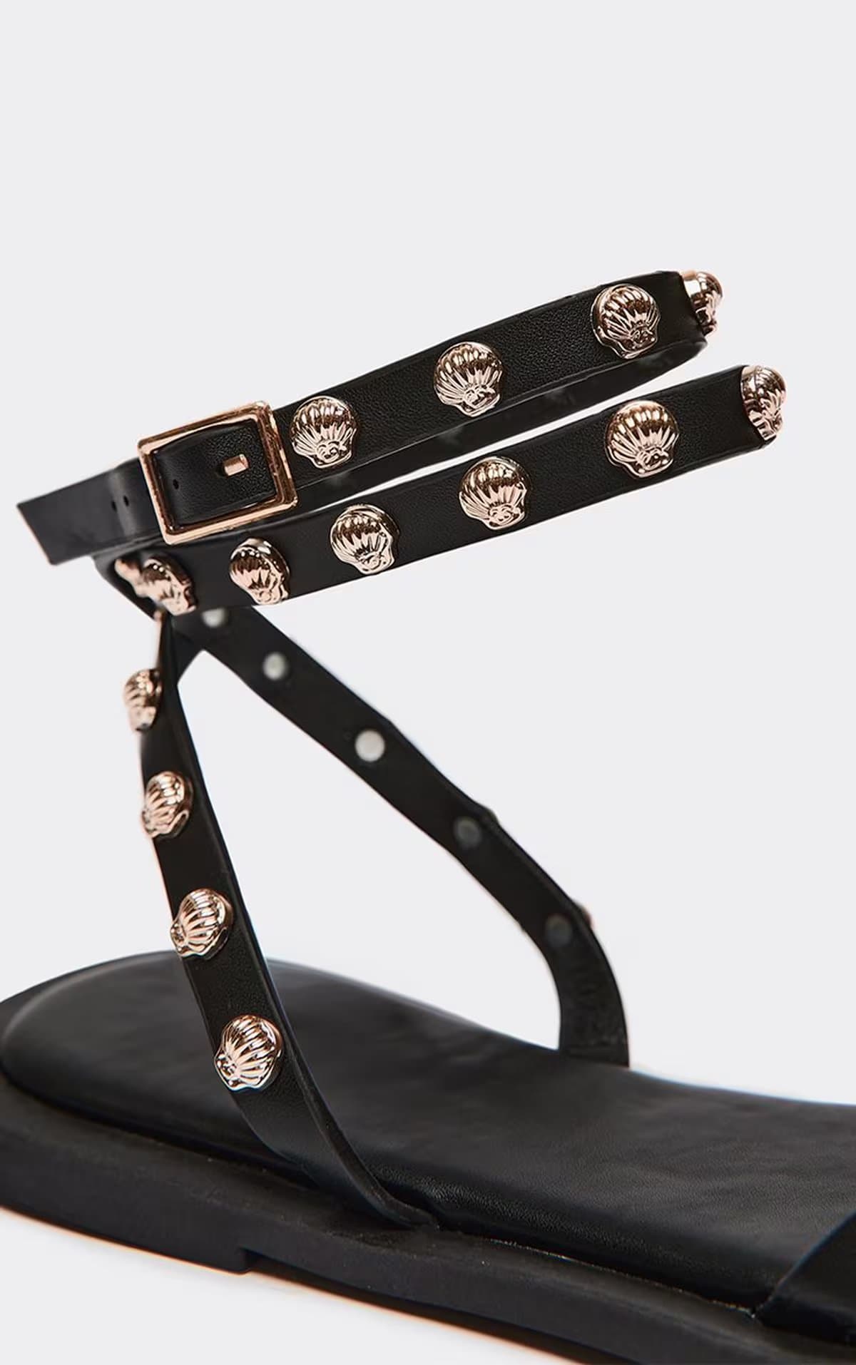 EGO Koori Shell Detail Ankle Strap Flat Sandal In Black Faux Leather, Women's Size UK 3