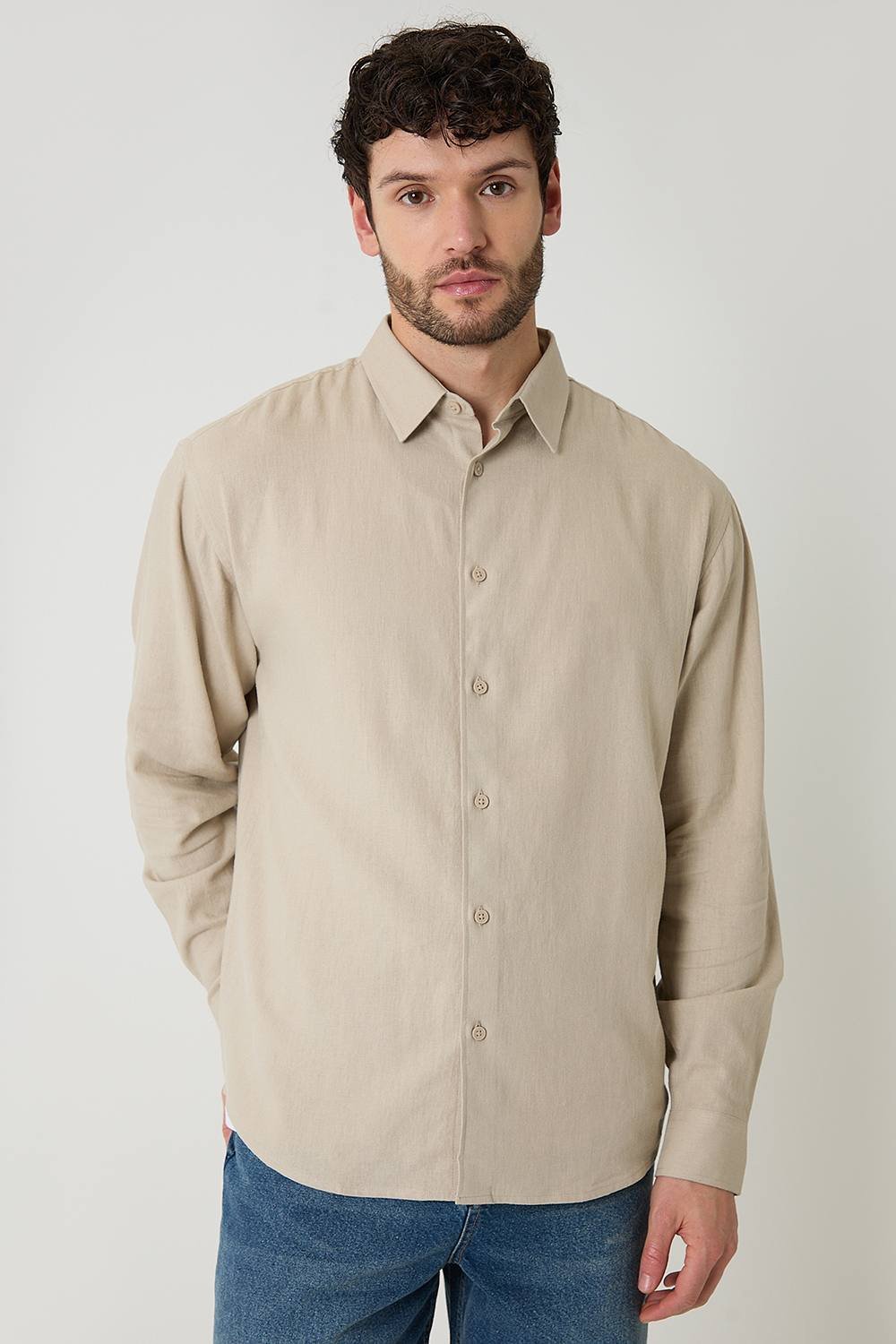 Threadbare Threadbare Men's Relaxed Fit Linen Blend Shirt in Stone - 3