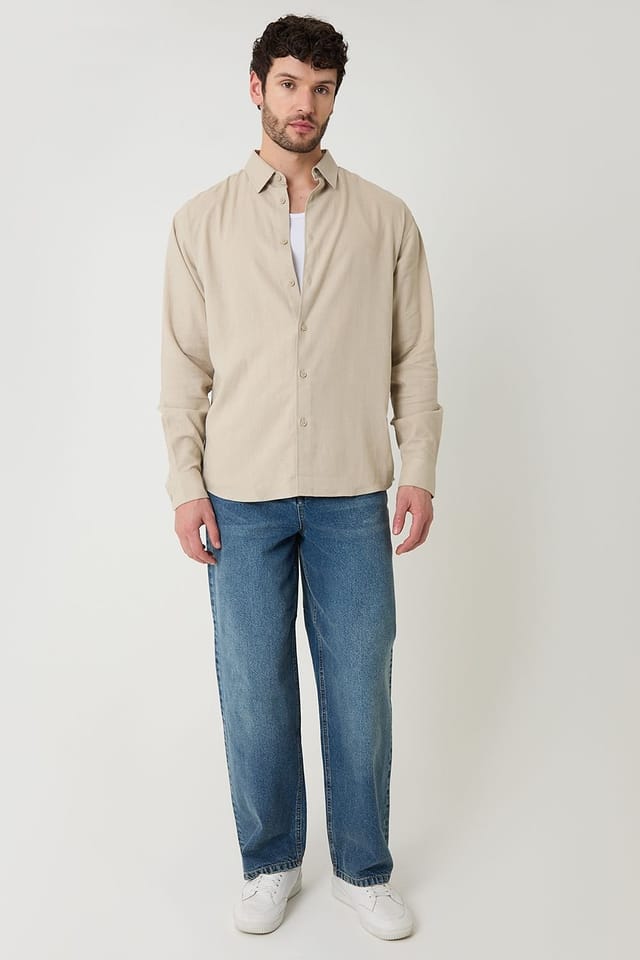 Threadbare Threadbare Men's Relaxed Fit Linen Blend Shirt in Stone - 3
