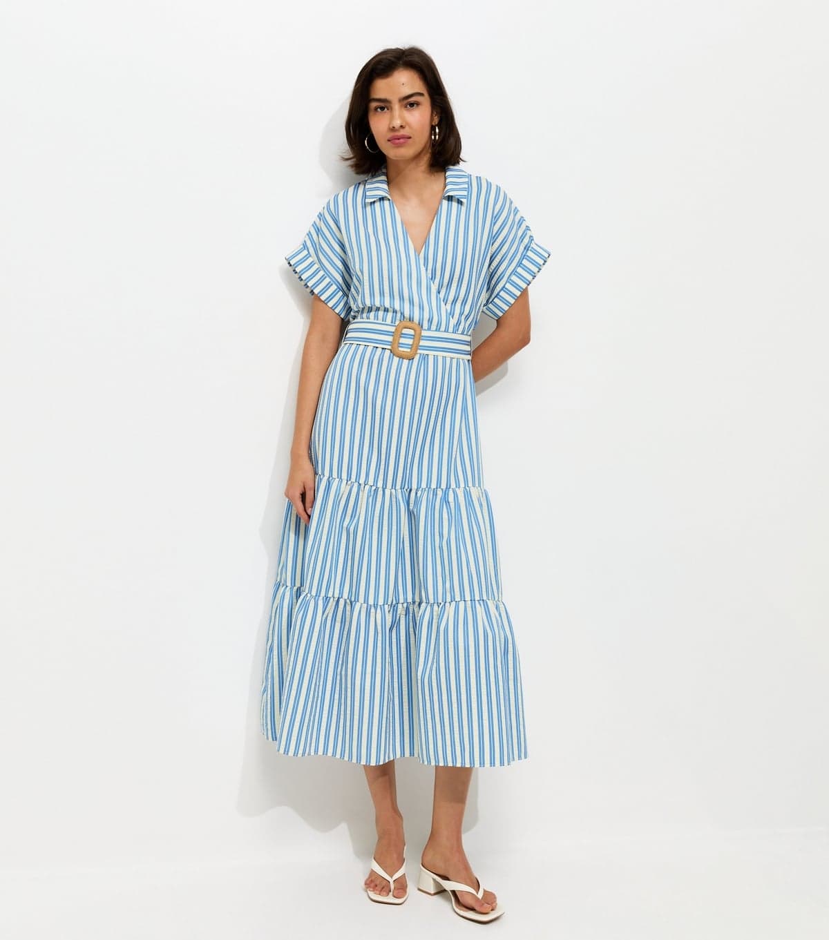 New Look Women's Blue Striped Tiered Wrap Midi Dress New Look