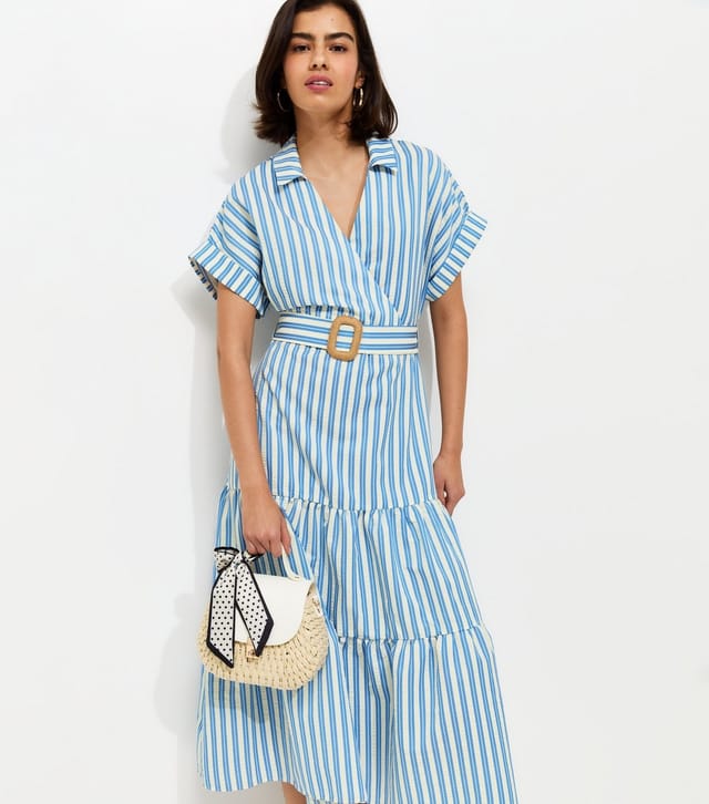 New Look Women's Blue Striped Tiered Wrap Midi Dress New Look - 3