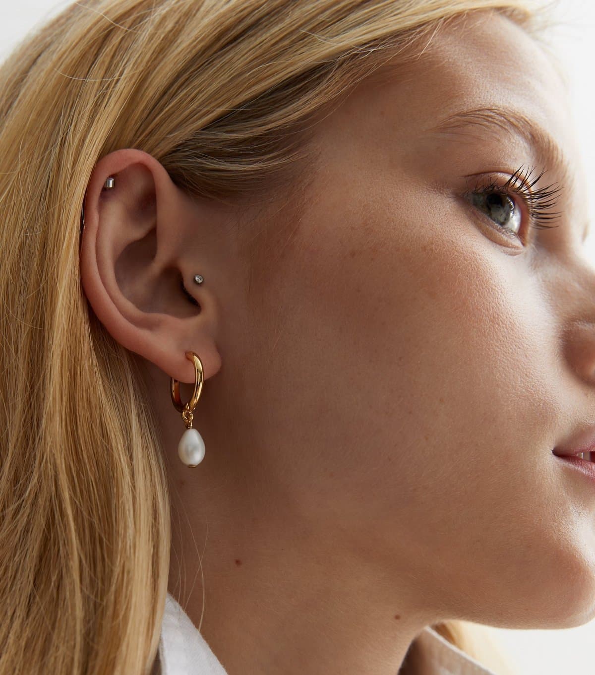 New Look 18ct Gold Plated Faux Pearl Drop Hoop Earrings New Look