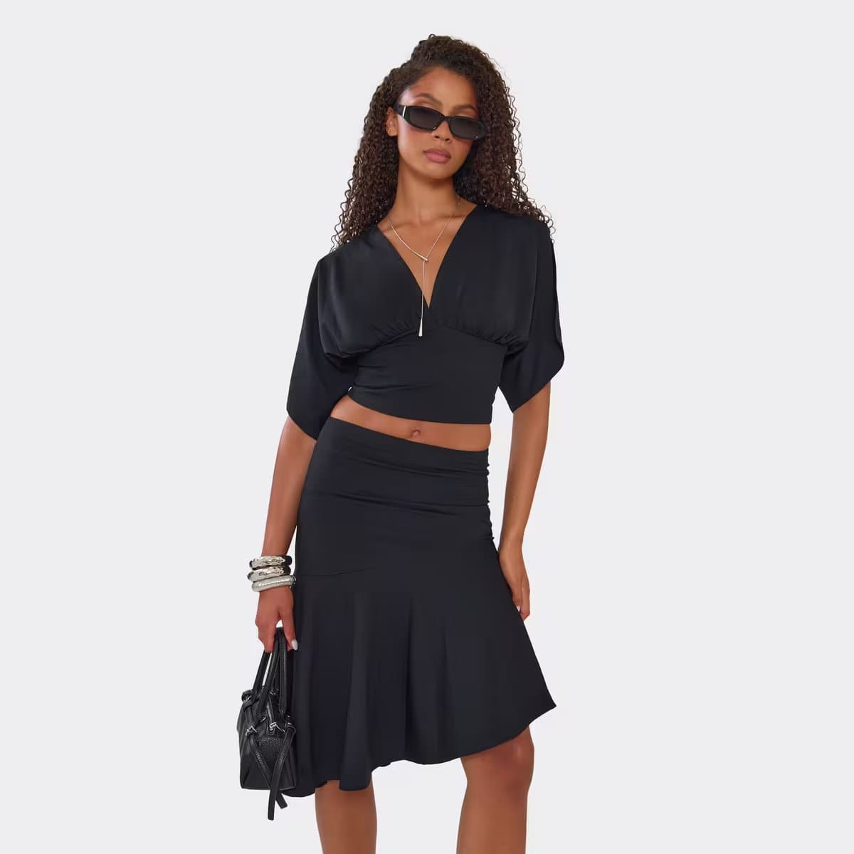 EGO Short Flared Sleeve Plunge Neck Crop Top In Black, Women's Size UK 6
