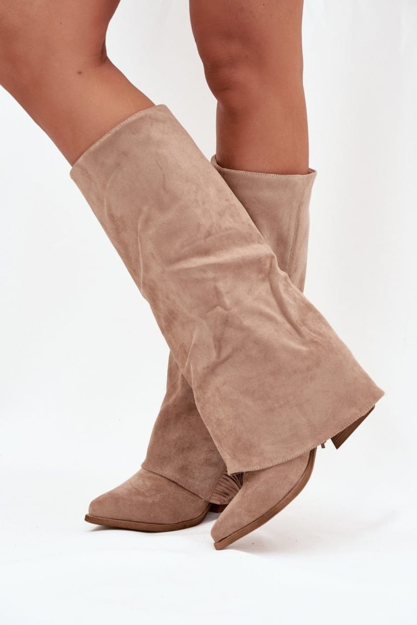 Love Lace Love Lace Women's Slip On Suede Cowboy Boots with Fringes & Column Heel in Beige - 1