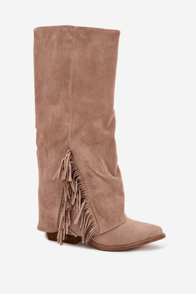 Love Lace Love Lace Women's Slip On Suede Cowboy Boots with Fringes & Column Heel in Beige - 2