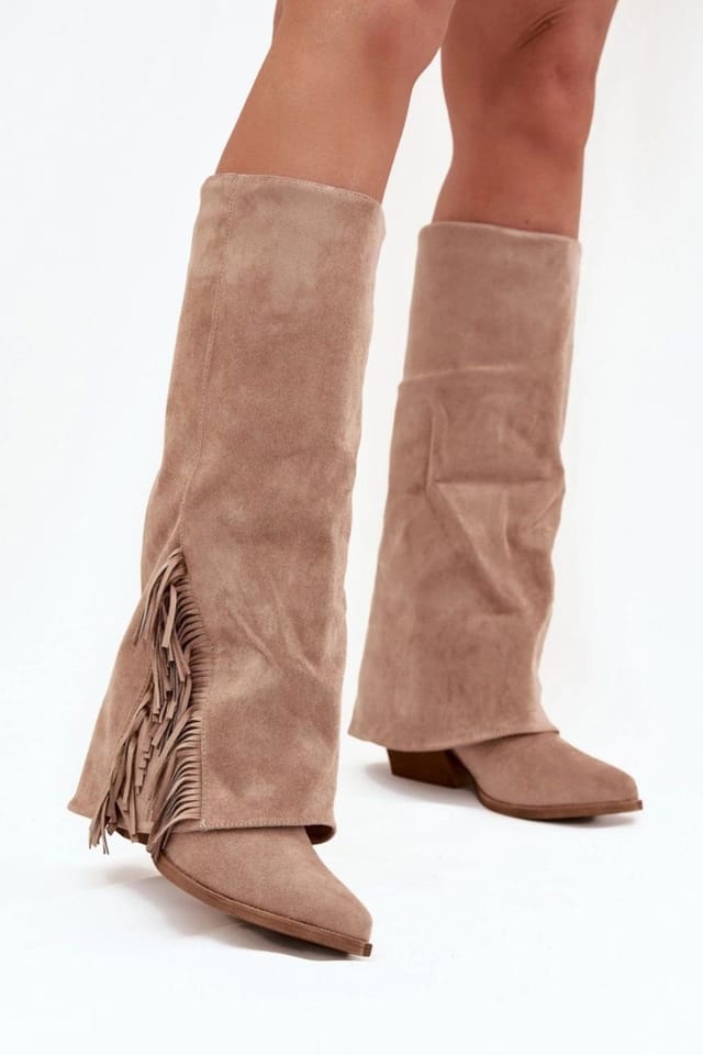 Love Lace Love Lace Women's Slip On Suede Cowboy Boots with Fringes & Column Heel in Beige - 3