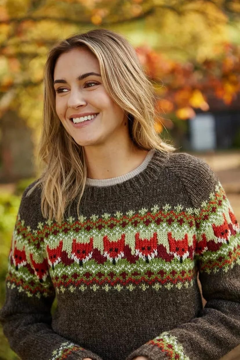 Pachamama Pachamama Women's Fox Design All Wool Chunky Hand Knit Sweater in Brown - 1