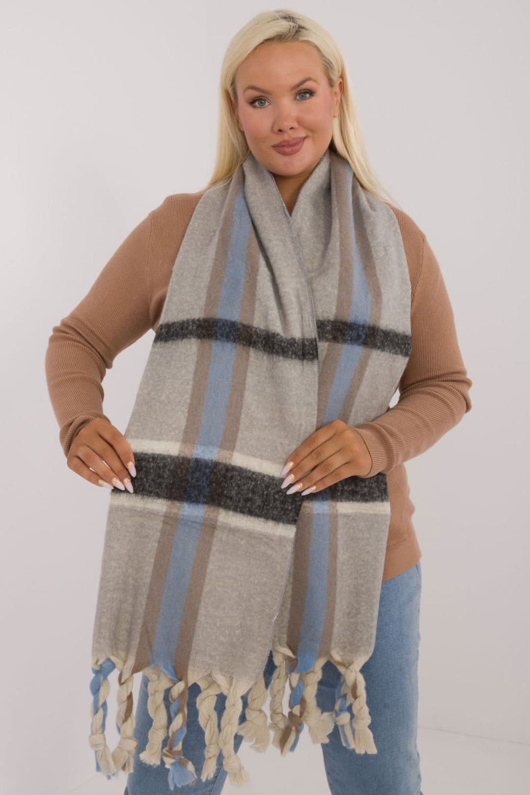 Love Lace Love Lace Women's Elegant Checkered Polyester Scarf 180 cm with Tassels Warm in Grey