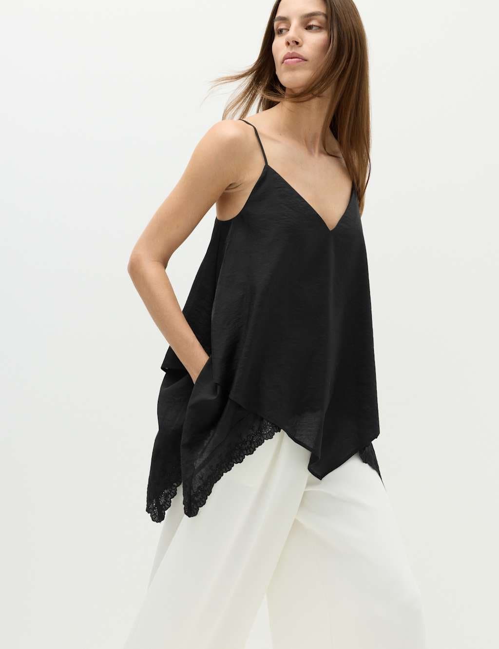 Marks & Spencer M&S Asymmetric Embroidered V-Neck Cami Top Black