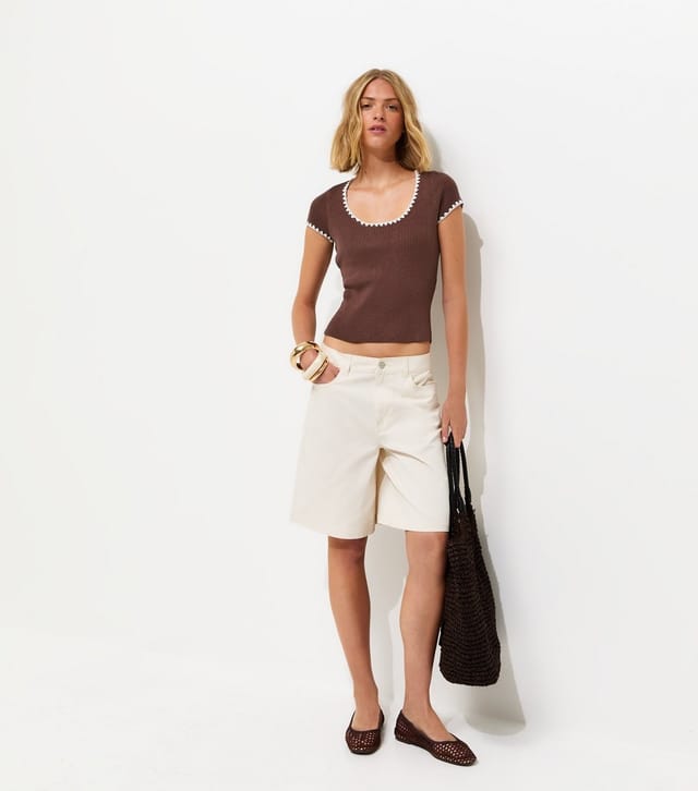 New Look Women's Dark Brown Ribbed Blanket Stitch Trim T-Shirt New Look - 3