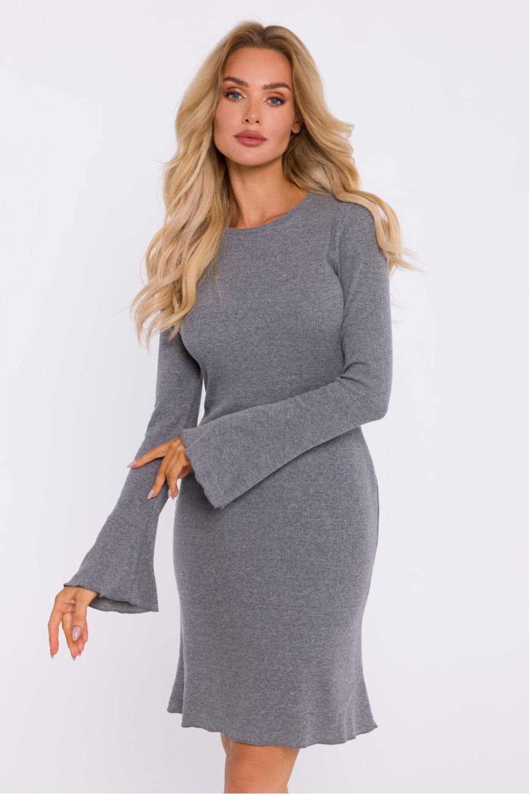 Love Lace Love Lace Women's Ribbed Cotton Knit Long Sleeve Dress in Grey