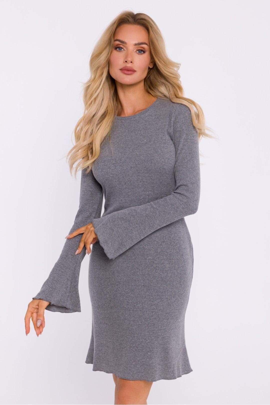 Love Lace Grey Ribbed Cotton Knit Long Sleeve Dress