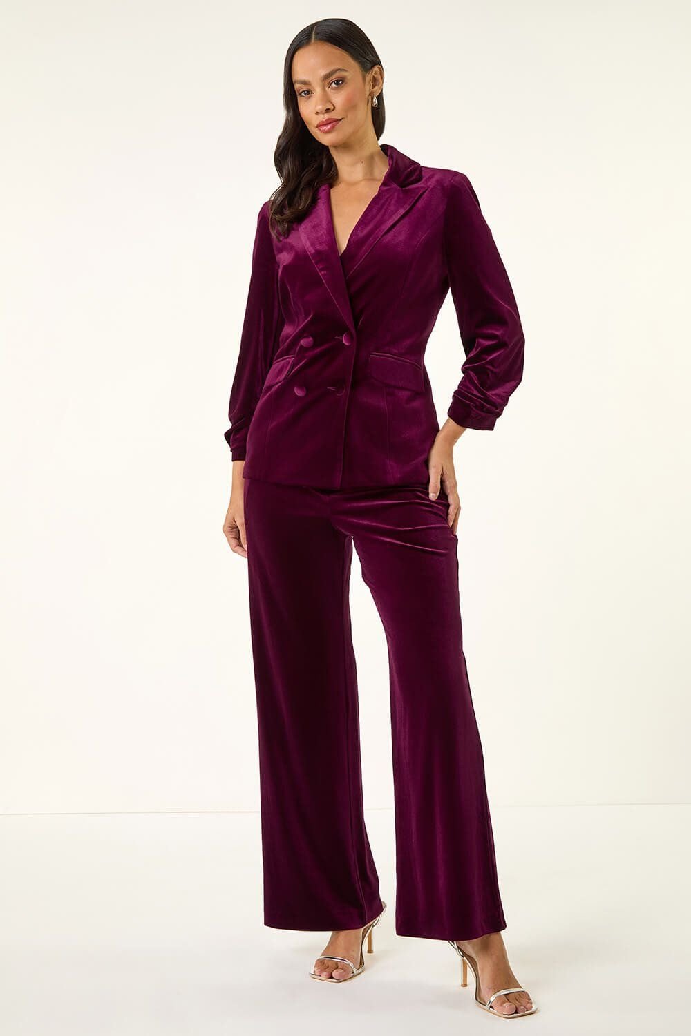 Dusk Dusk Women's Double Breasted Velvet Blazer in Burgundy - 2